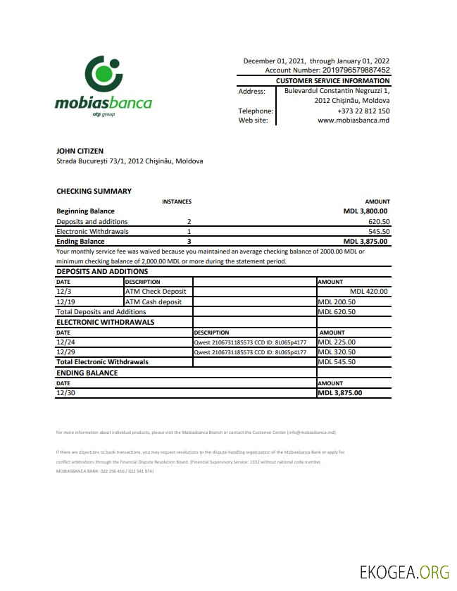 Relevé bancaire de Moldavie Mobiasbanca